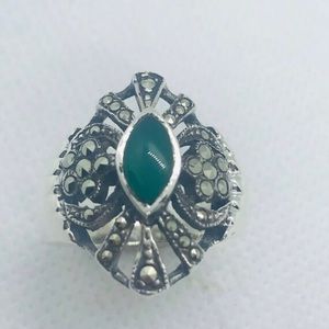 Vintage Silver Marquise Aventurine & Marcasite Ring, Size 8